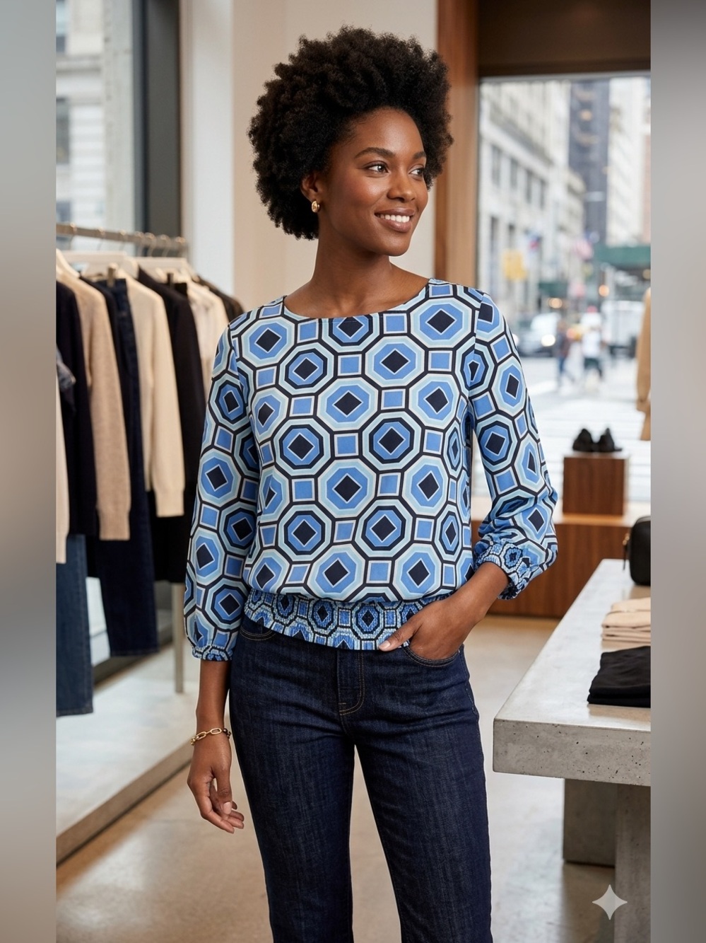 Michael Kors EUC Geometric
Print Bell or roll sleeve, smocked waist 
Blouse Med